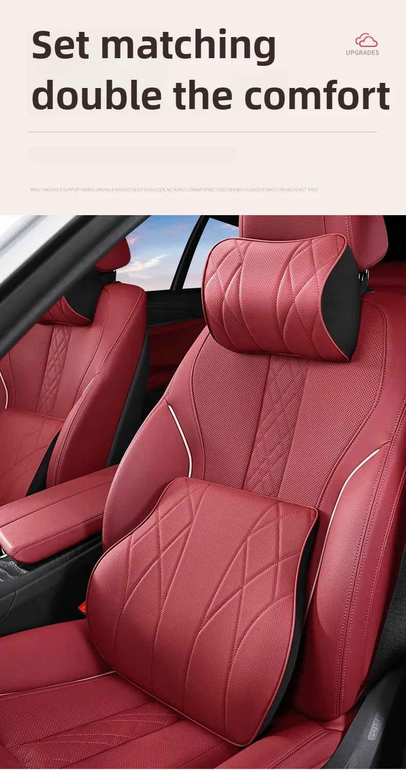 Memory Foam Car Neck & Lumbar Support Pillow Set – Leather Seat Comfort Cushions - Delicate Leather