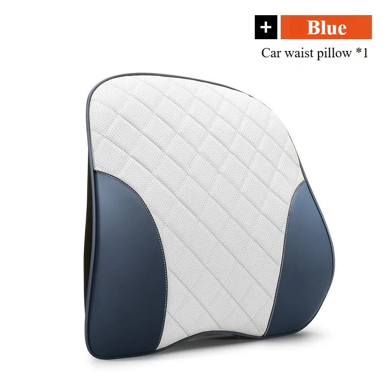 Nappa Leather Car Headrest & Lumbar Support Set – Memory Foam Neck and Waist Cushion - Delicate Leather