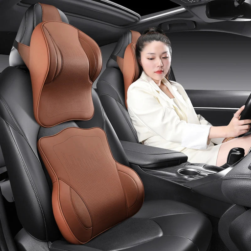 Memory Foam Car Neck Pillow & Lumbar Support Set – Breathable Seat Comfort Cushion - Delicate Leather