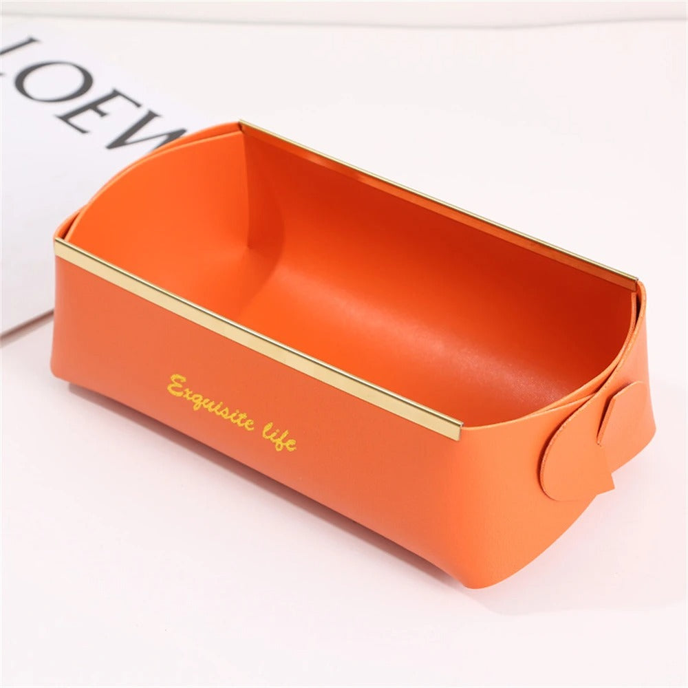 Nordic Leather Desktop Storage Box, PU Foldable Grocery Basket, Household Dice Tray Organizer, Cosmetic Coins Decorative Plate - Delicate Leather