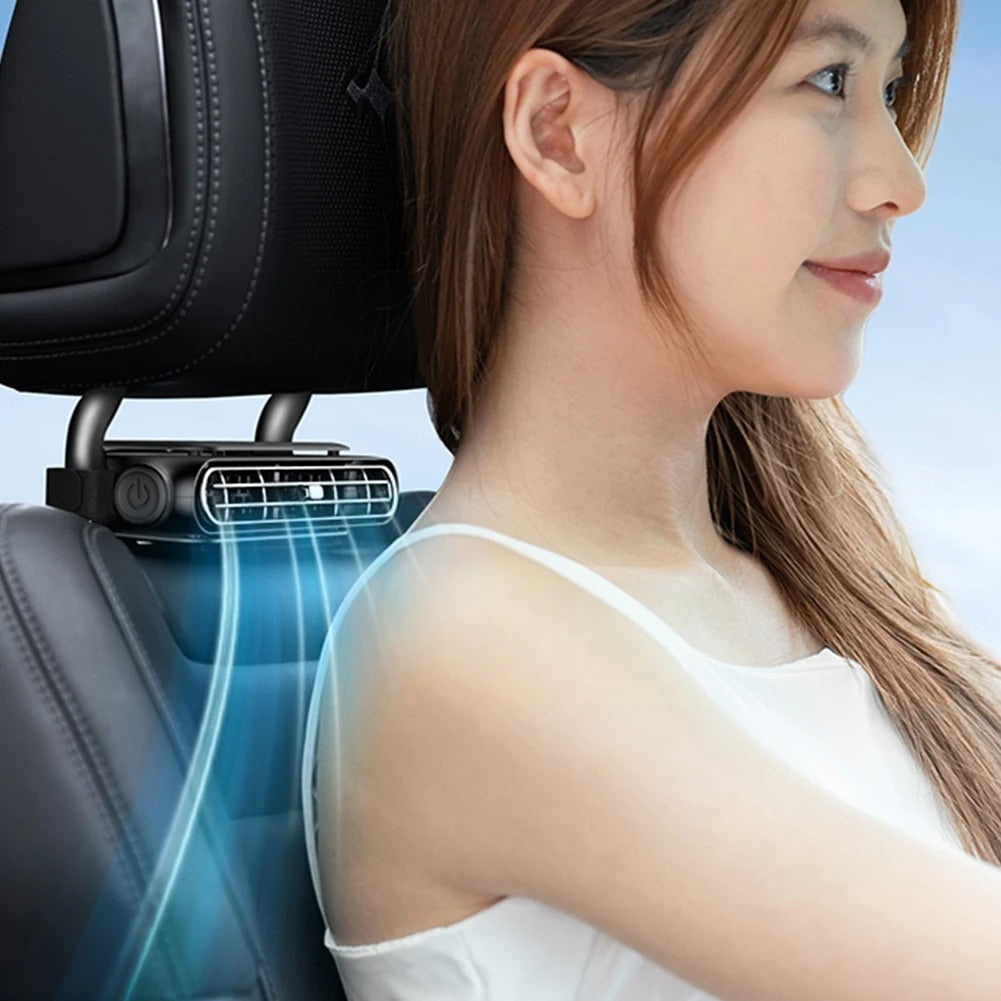 Portable Car Headrest Cooling Fan – 3-Speed Adjustable USB Car Seat Fan, Dual Turbine Design, Universal Fit - Delicate Leather