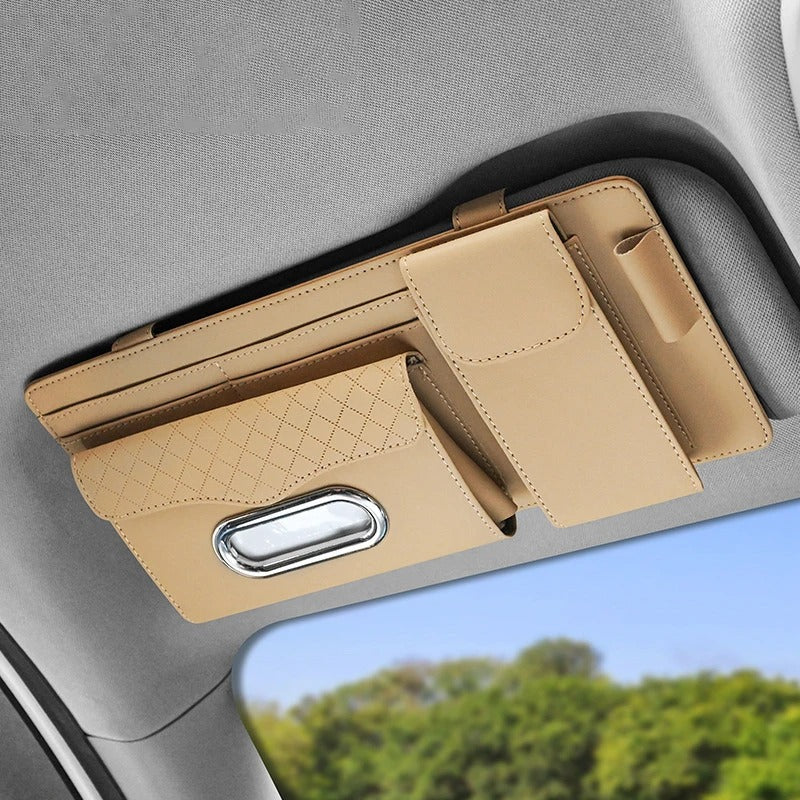 4-In-1 Sun Visor Car Glasses Clip Multi-Functional Storage Box - Delicate Leather