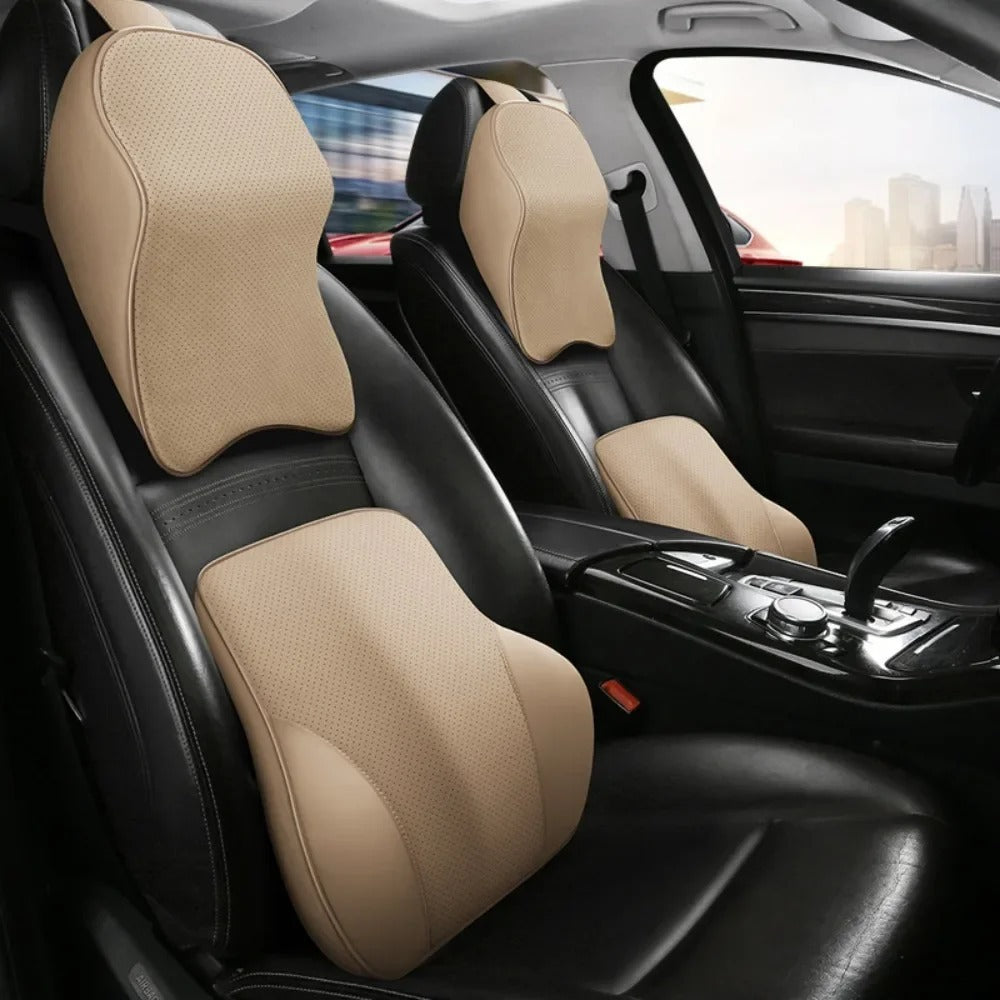 3D Nappa PU Leather Memory Foam Car Headrest & Lumbar Support Cushion - Delicate Leather