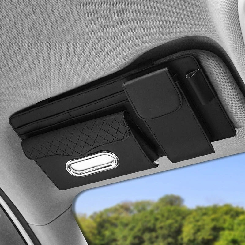 4-In-1 Sun Visor Car Glasses Clip Multi-Functional Storage Box - Delicate Leather
