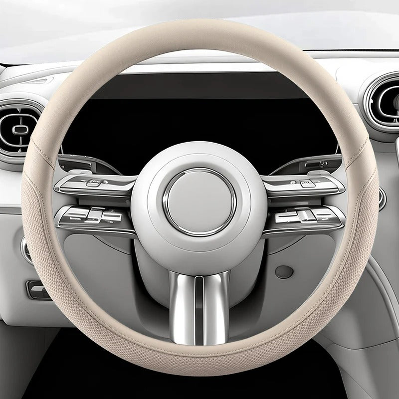 Universal PU Leather & Ice Silk Steering Wheel Cover 38cm – Breathable Anti-Slip O-Type Car Steering Wheel Protector - Delicate Leather