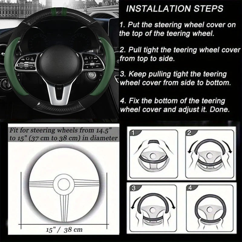 Color-Block Steering Wheel Cover – PU Leather & Suede with Carbon Fiber Style, Universal 14.5–15 Inch Fit