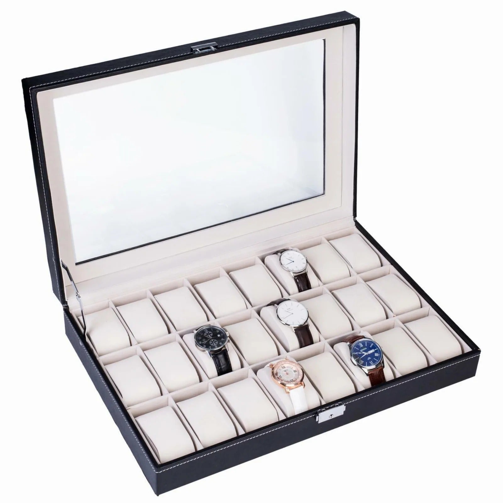 US 24/12 Slot Watch Box Leather Display Case, Top Glass Storage Watch Case, Jewelry Display Storage