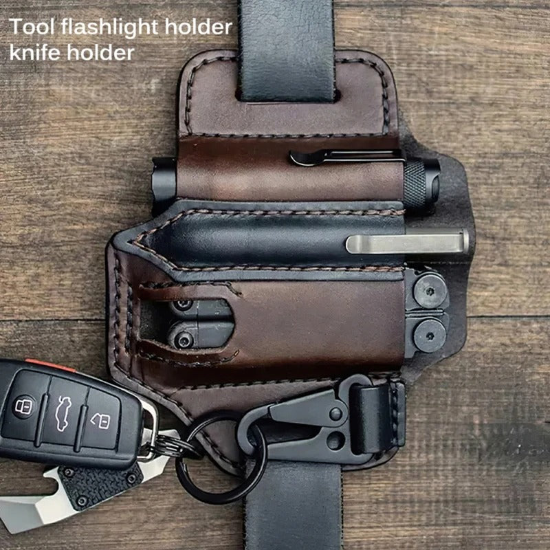Tactical Multi-Tool Belt Leather Bag - Portable Tool Storage Holster for Outdoor Camping, Hunting, and EDC - Delicate Leather