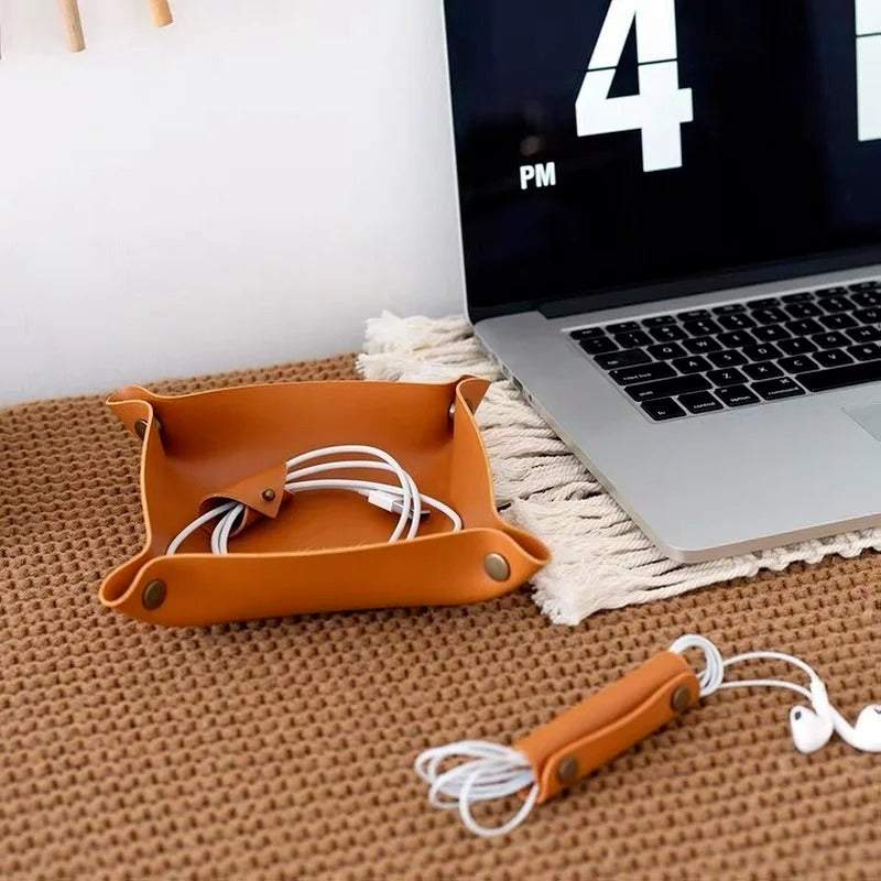 Desktop PU Leather Organizer Key Tray - Multi Folding Storage Box - Delicate Leather