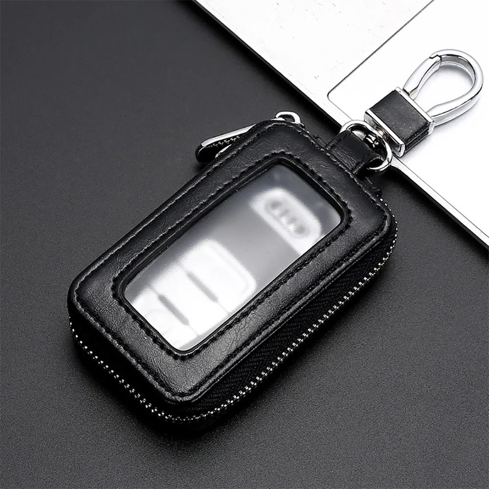 Universal Car Key Case – Transparent Mini Keychain Bag with Cowhide Leather and Metal Buckle - Delicate Leather