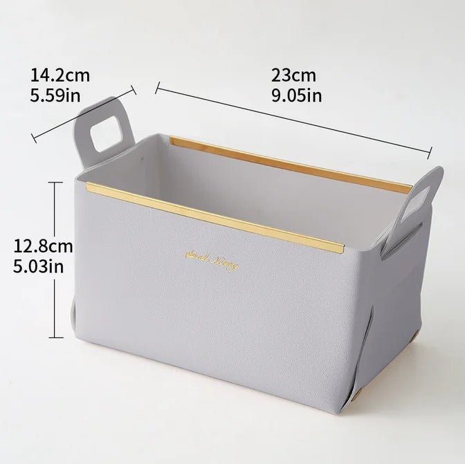 Desktop Finishing PU Leather Storage Box - Household Foldable Cosmetic Storage Basket with Handle, Sundry Key Coin Decorative Plate - Delicate Leather
