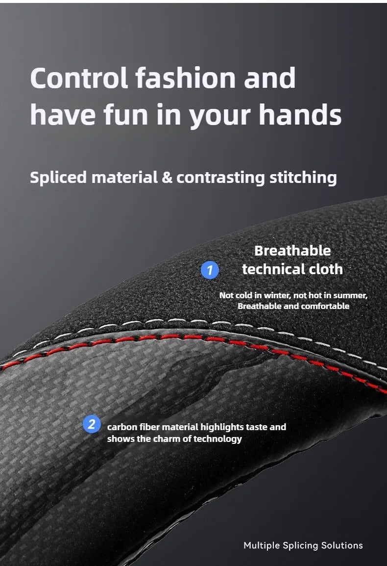 Carbon Fiber Steering Wheel Cover – Universal Fit, Non-Slip, Breathable Grip - Delicate Leather