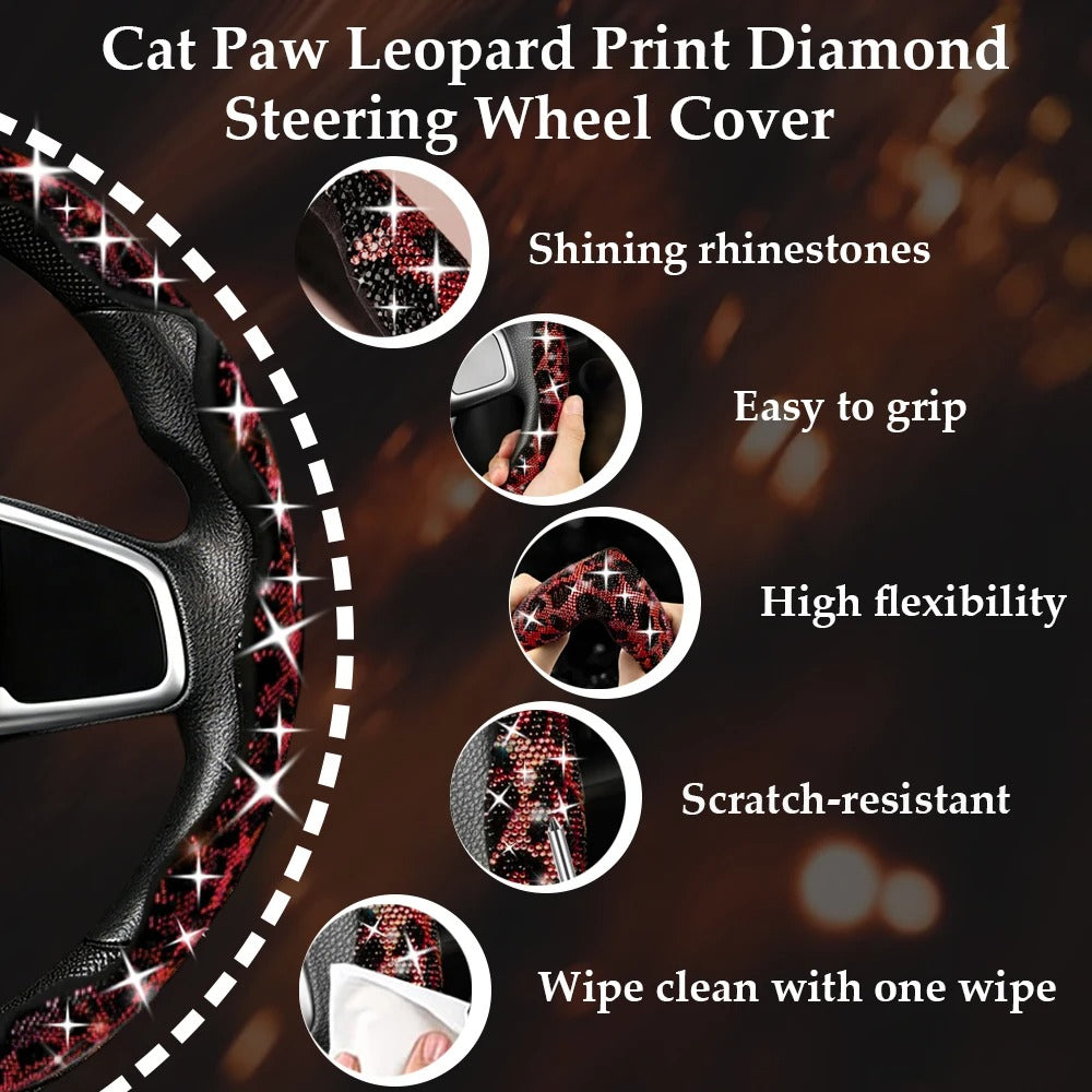 Leopard Print Diamond Steering Wheel Cover – Luxury Sparkling Universal Interior Accessory - Delicate Leather