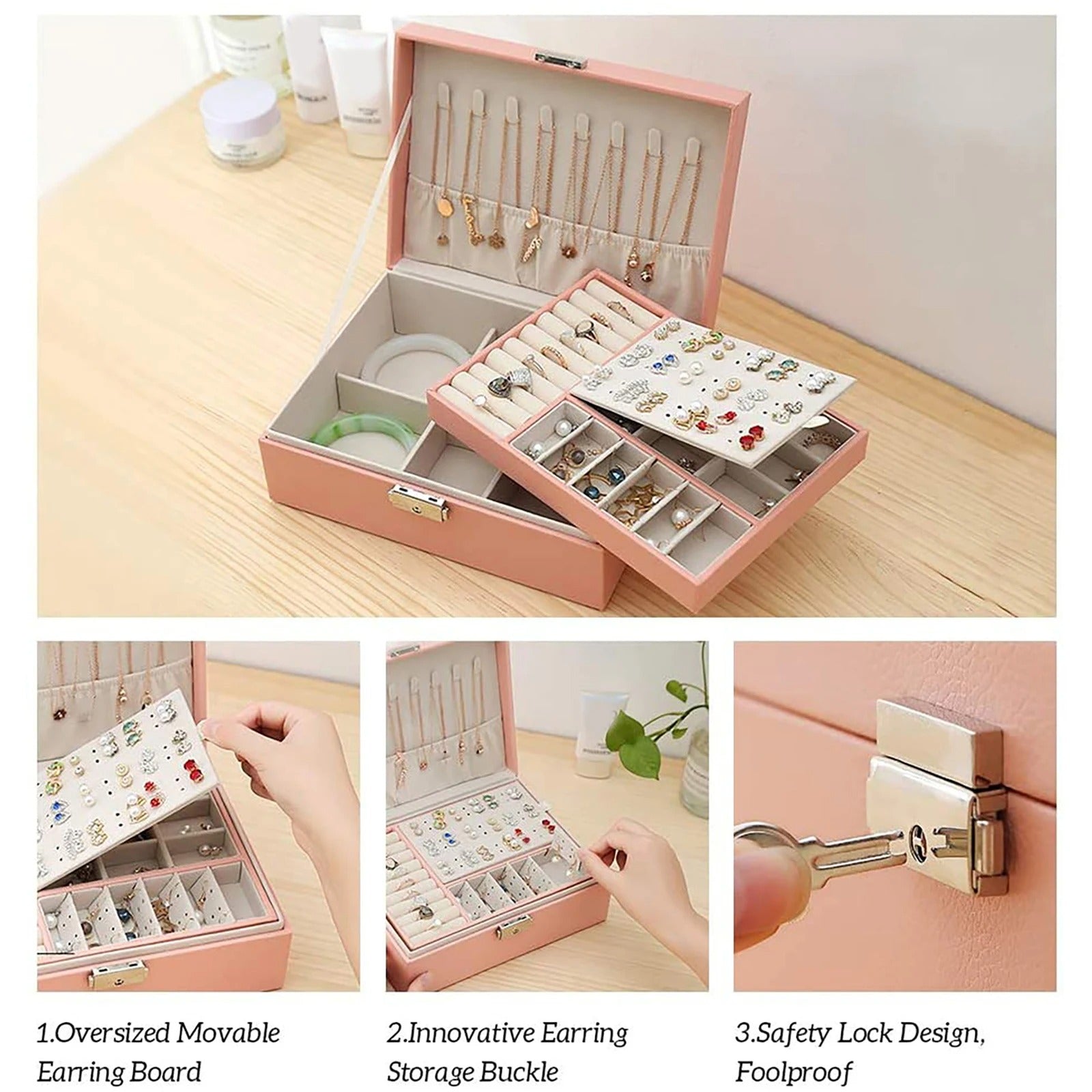 Portable Jewelry Box - Jewelry Organizer Display Travel Case, 2 Layer Leather Jewelry Box for Women, Large Capacity, Lockable Organizer Holder - Delicate Leather