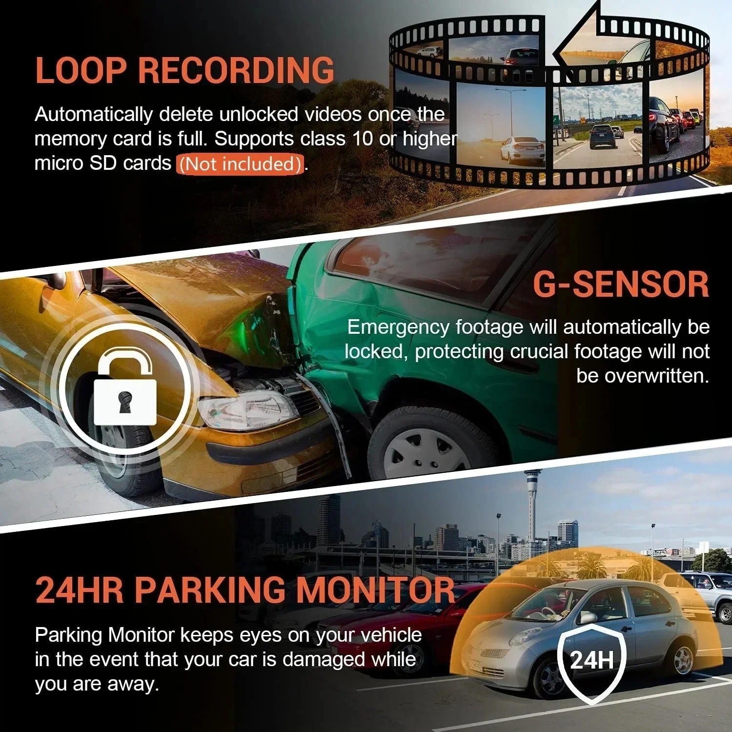 1080P WiFi Dual Camera Dash Cam, Front and Inside, with IR Night Vision and Loop Recording (Black)