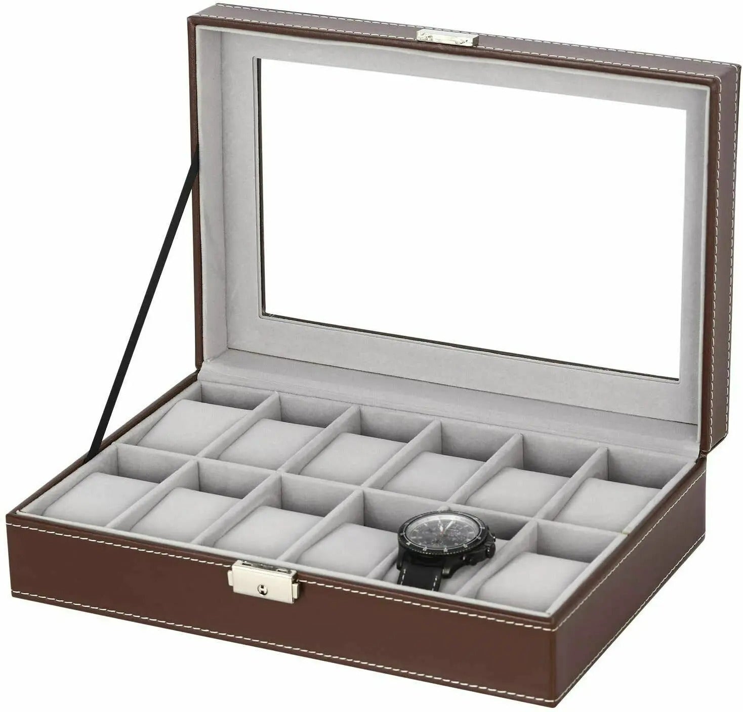 US 24/12 Slot Watch Box Leather Display Case, Top Glass Storage Watch Case, Jewelry Display Storage