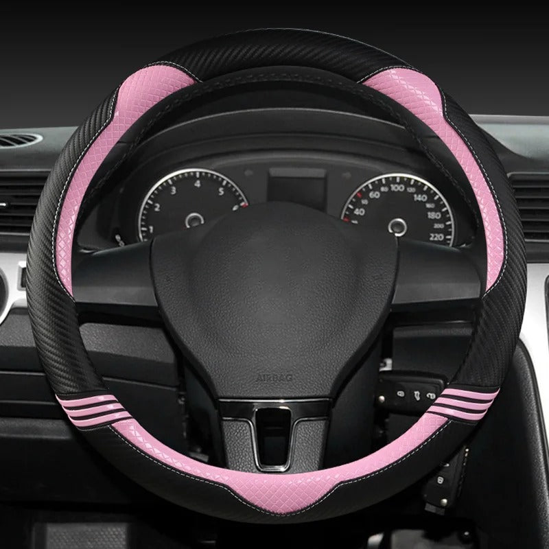 Cute Cat Ear Steering Wheel Cover – Soft Carbon Fiber Pattern, Anti-Slip O/D-Shape Universal 38cm Car Accessory for All Seasons - Delicate Leather