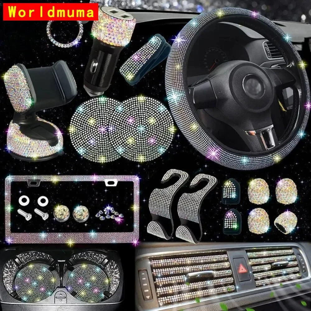 27-Piece Women’s Bling Car Accessories Set – Universal Fit with Steering Wheel Cover, License Plate Frame, Gift For Mother's Day 2025