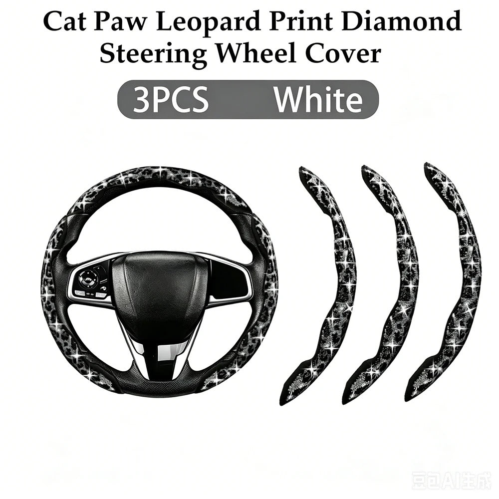 Leopard Print Diamond Steering Wheel Cover – Luxury Sparkling Universal Interior Accessory - Delicate Leather