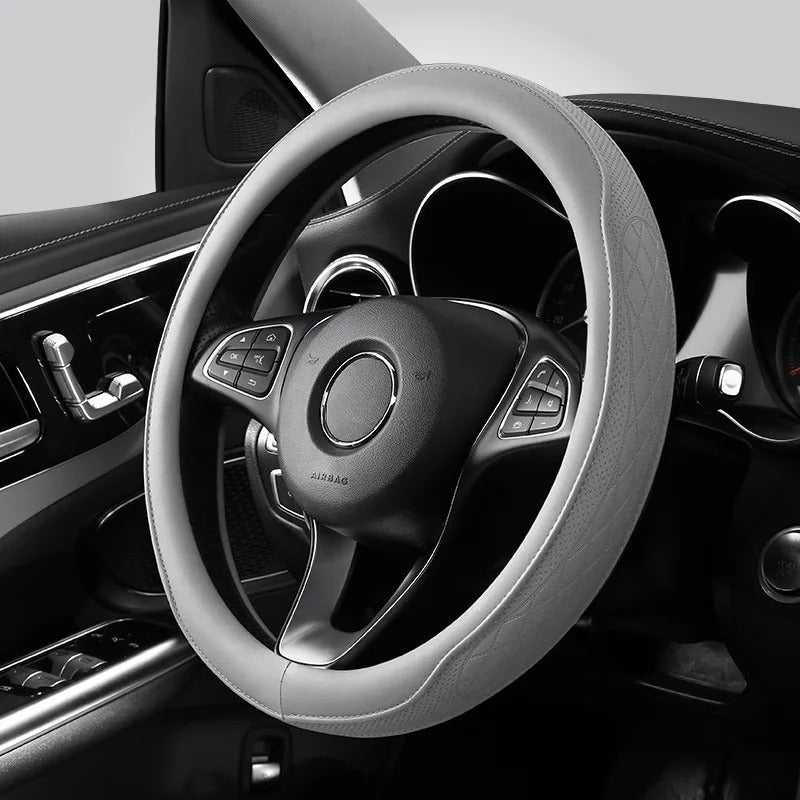 Embossed PU Leather Steering Wheel Cover – Anti-Slip Universal 15-Inch Fit - Delicate Leather