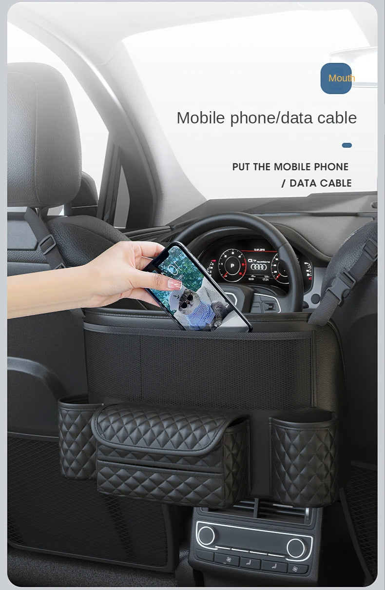 Leather Car Seat Middle Hanger Storage Bag Luxury Auto Handbag Holder Between Seats Tissue Water Cup Pockets Stowing Tidying - Delicate Leather