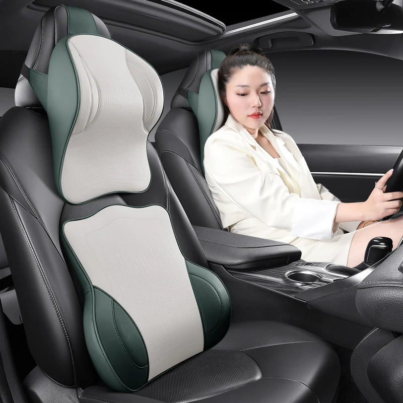 Memory Foam Car Neck Pillow & Lumbar Support Set – Breathable Seat Comfort Cushion - Delicate Leather