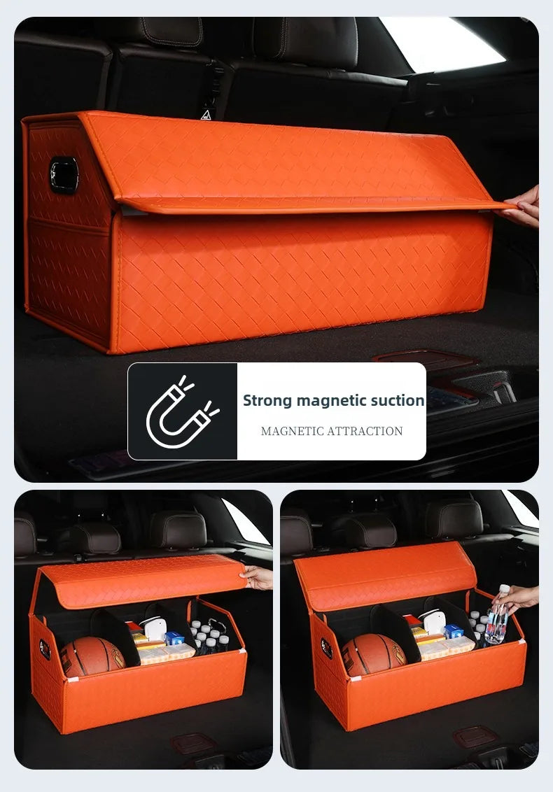 Multi-Functional Folding Trunk Organizer with Nappa Leather - Universal Fit, Waterproof, and Collapsible Design