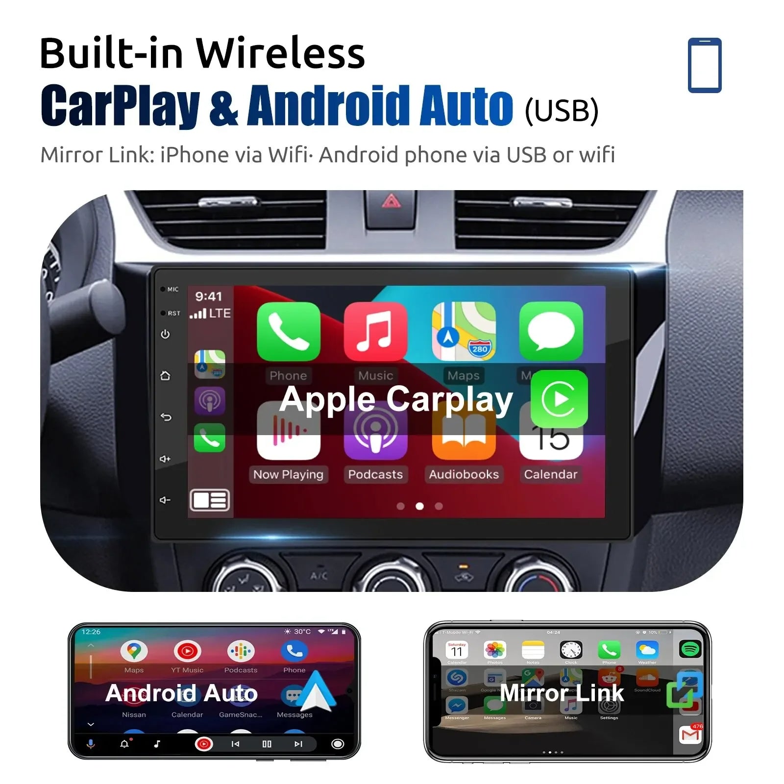 Wireless CarPlay & Android Auto 2 Din Car Radio – 7"/9" Glass Screen GPS Navigator, Wi-Fi, FM, Bluetooth MP5 Player 22 - Delicate Leather