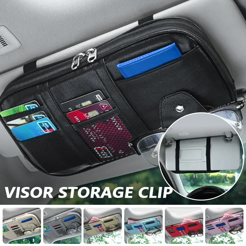 Car Sun Visor Organizer - Multi-pocket Zipper Auto Truck SUV Storage Pouch - Delicate Leather