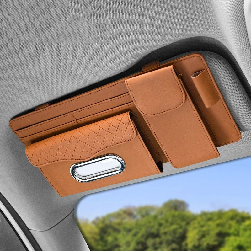 4-In-1 Sun Visor Car Glasses Clip Multi-Functional Storage Box - Delicate Leather