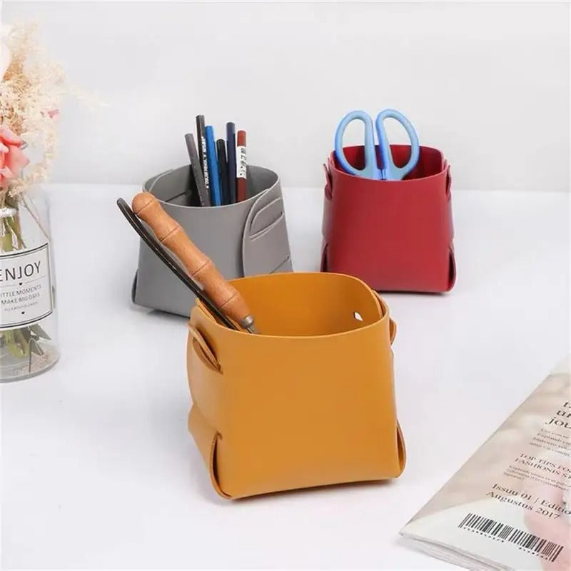 Leather Storage Box, Cosmetics Remote Control Pen Key Basket, Desktop Sundries Storage, Home Organization - Delicate Leather