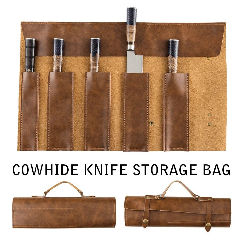 Portable Two-Layer Cowhide Chef Knife Roll Bag - Waterproof Leather Knife Storage Case with Handle - Delicate Leather