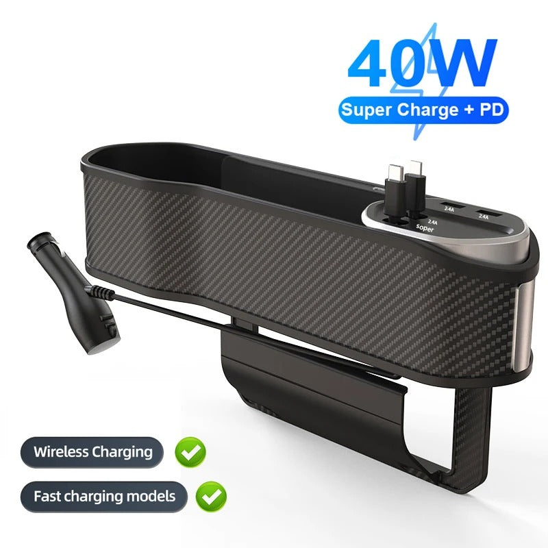 Car Seat Gap Filler Organizer with Cup Holder and Wireless Charging - Delicate Leather