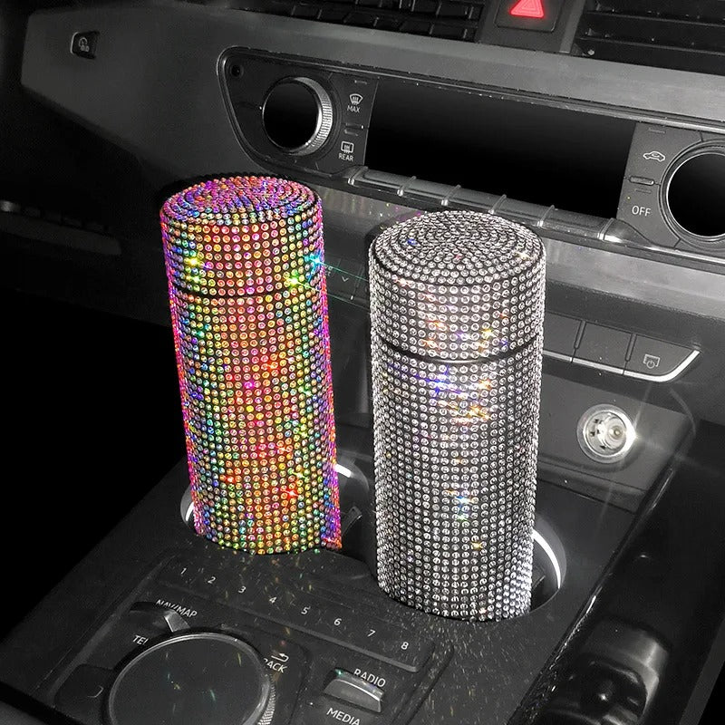 500ml Bling Rhinestone Thermos Bottle – Stainless Steel Vacuum Flask & Car Tumbler - Delicate Leather