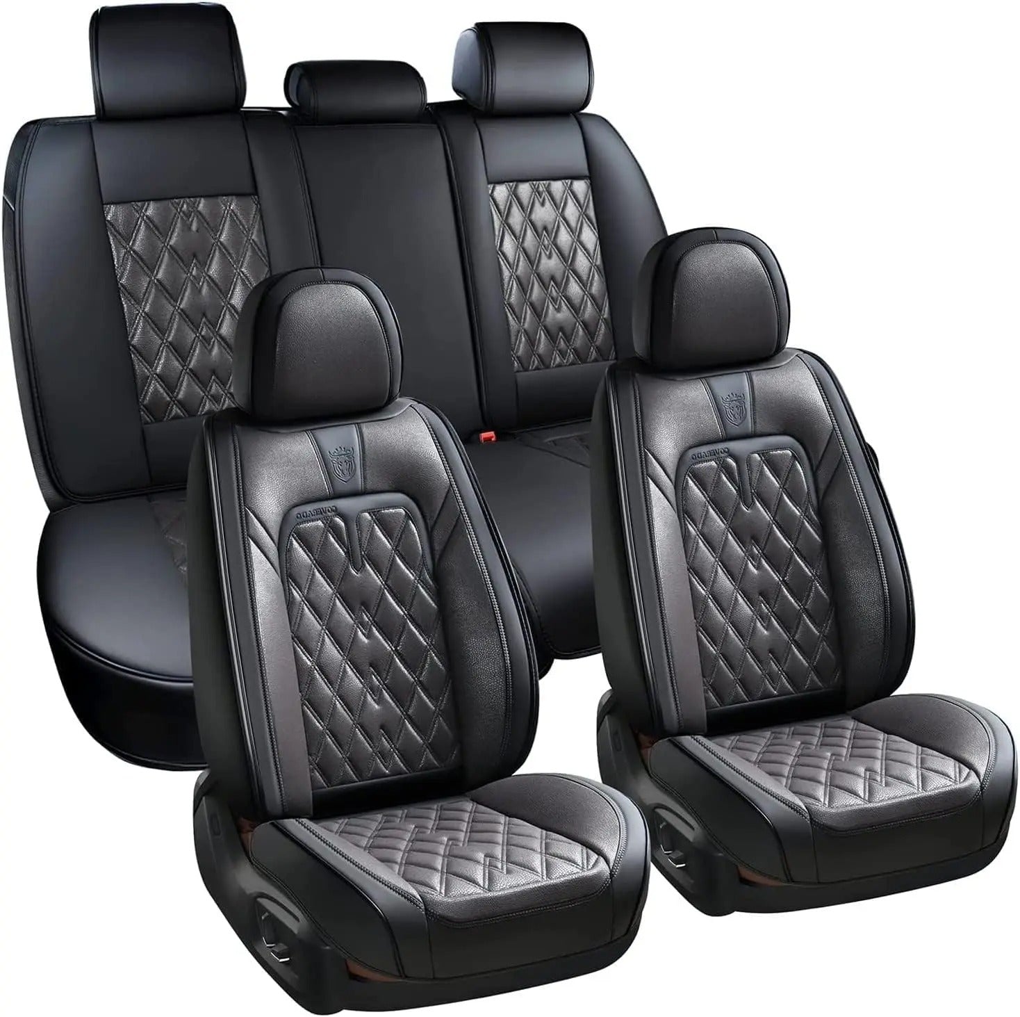 Seat Covers Full Set – Breathable Fabric & Leather, Waterproof, Universal Fit (Black/Red) - Delicate Leather
