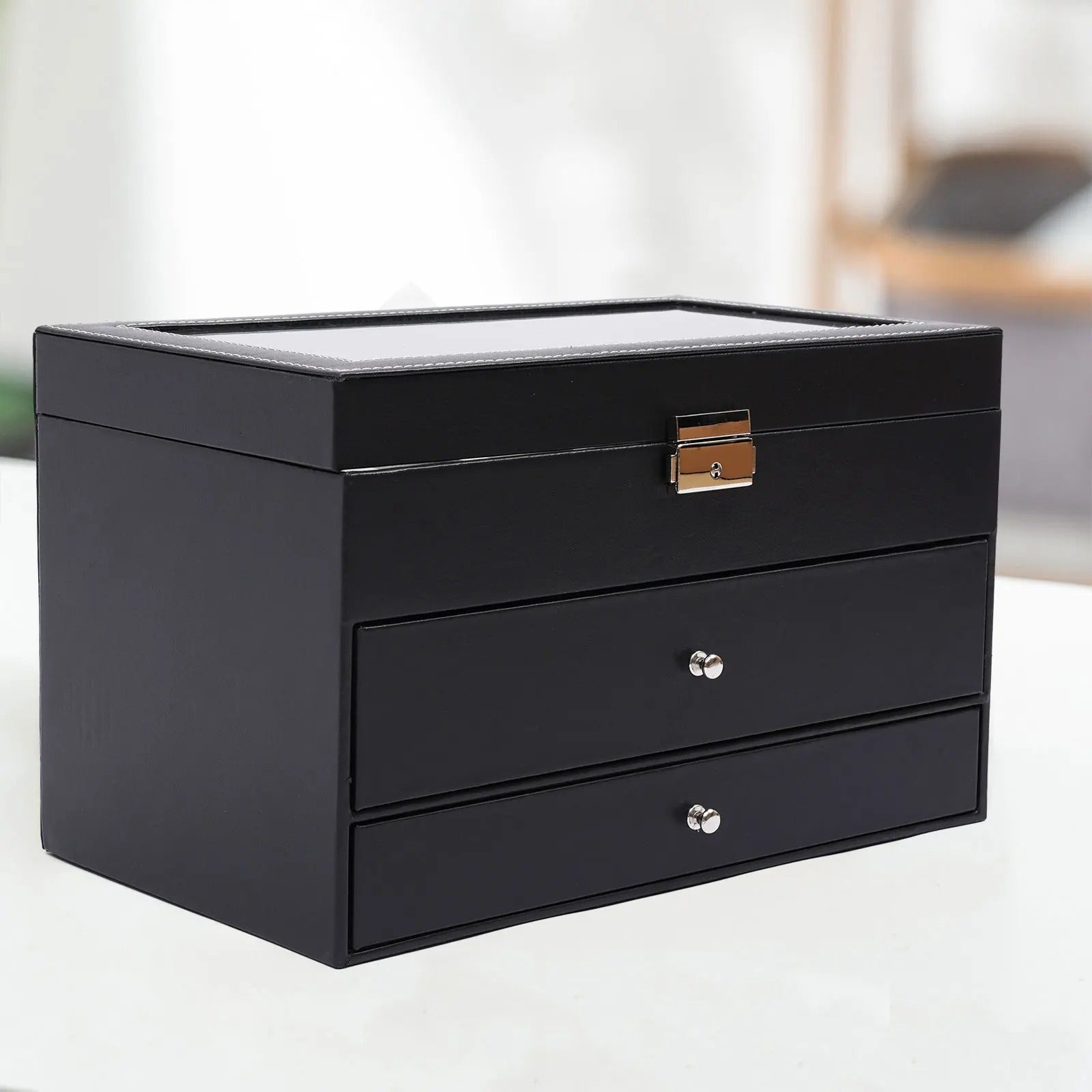 3 Layer Black Leather Watch and Eyeglasses & Sunglasses Box - Delicate Leather