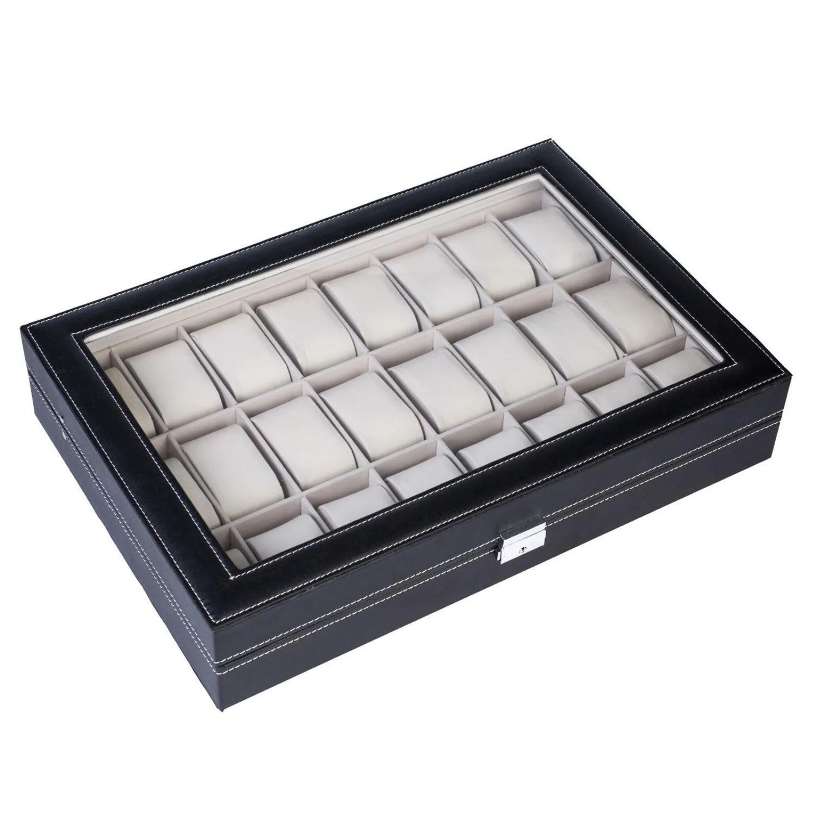US 24/12 Slot Watch Box Leather Display Case, Top Glass Storage Watch Case, Jewelry Display Storage