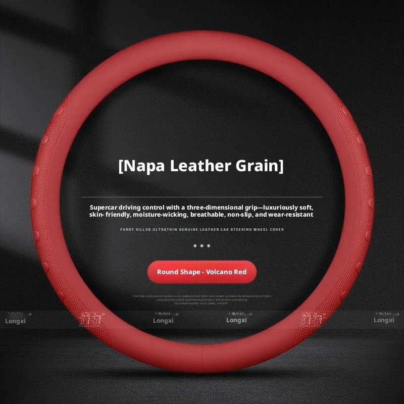 Nappa Leather Steering Wheel Cover – Universal Round & D-Shape Anti-Slip All-Season Grip - Delicate Leather
