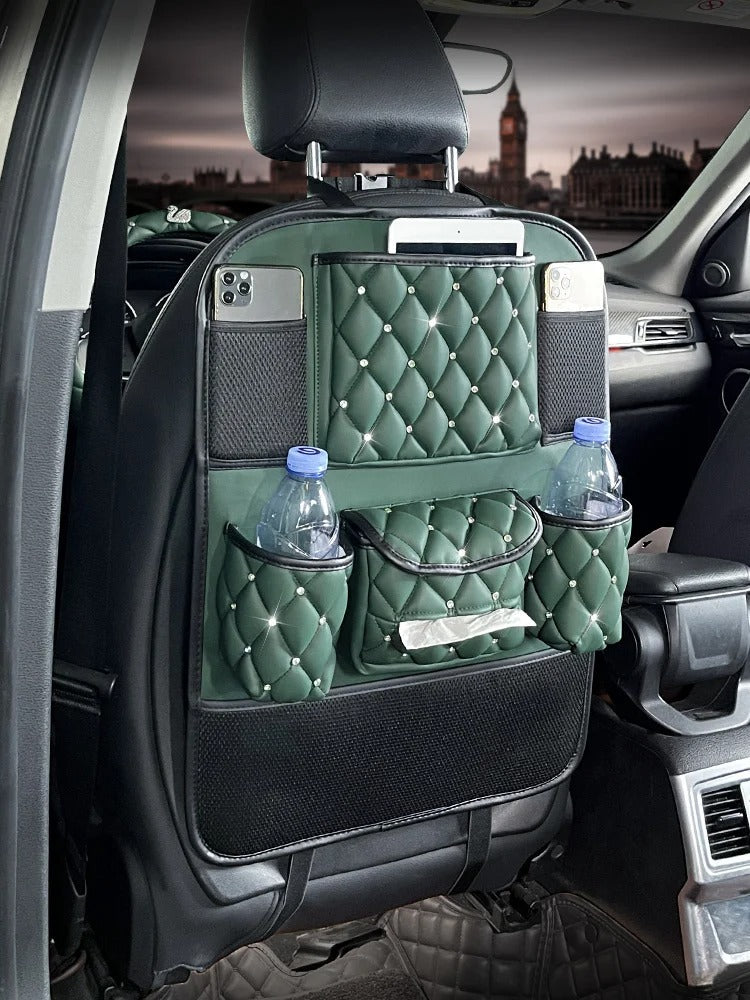 Pink Leather Car Backseat Storage Bag – Diamond-Style Tissue & Phone Holder, Gift For Mother's Day 2025 - Delicate Leather