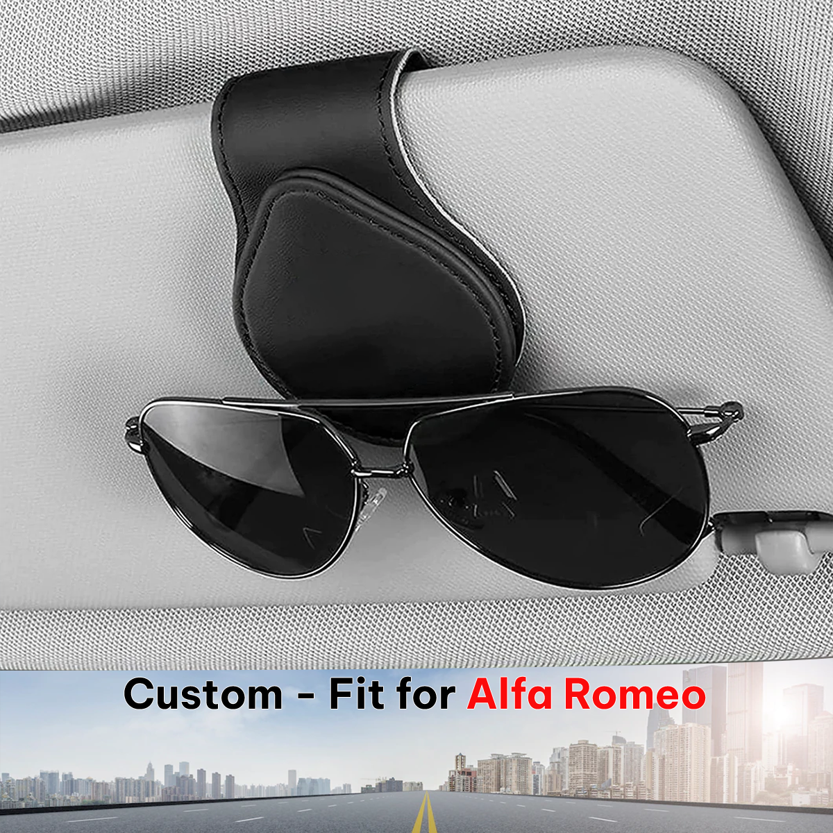 Car Sunglasses Holder, Custom-Fit For Alfa Romeo, Magnetic Leather Glasses Frame 2024 Update DLAR230 - Delicate Leather