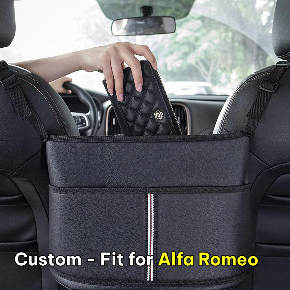 Car Purse Holder for Car Handbag Holder Between Seats Premium PU Leather, Custom Fit For Alfa Romeo, Hanging Car Purse Storage Pocket Back Seat Pet Barrier DLAR223 - Delicate Leather