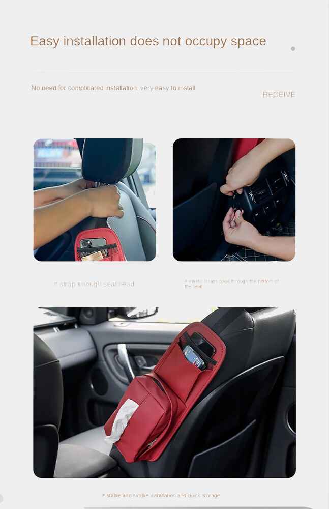 Leather Car Seat Side Storage Bag - Universal Hanging Auto Seat Organizer with Tissue Box Holder and Mesh Pocket