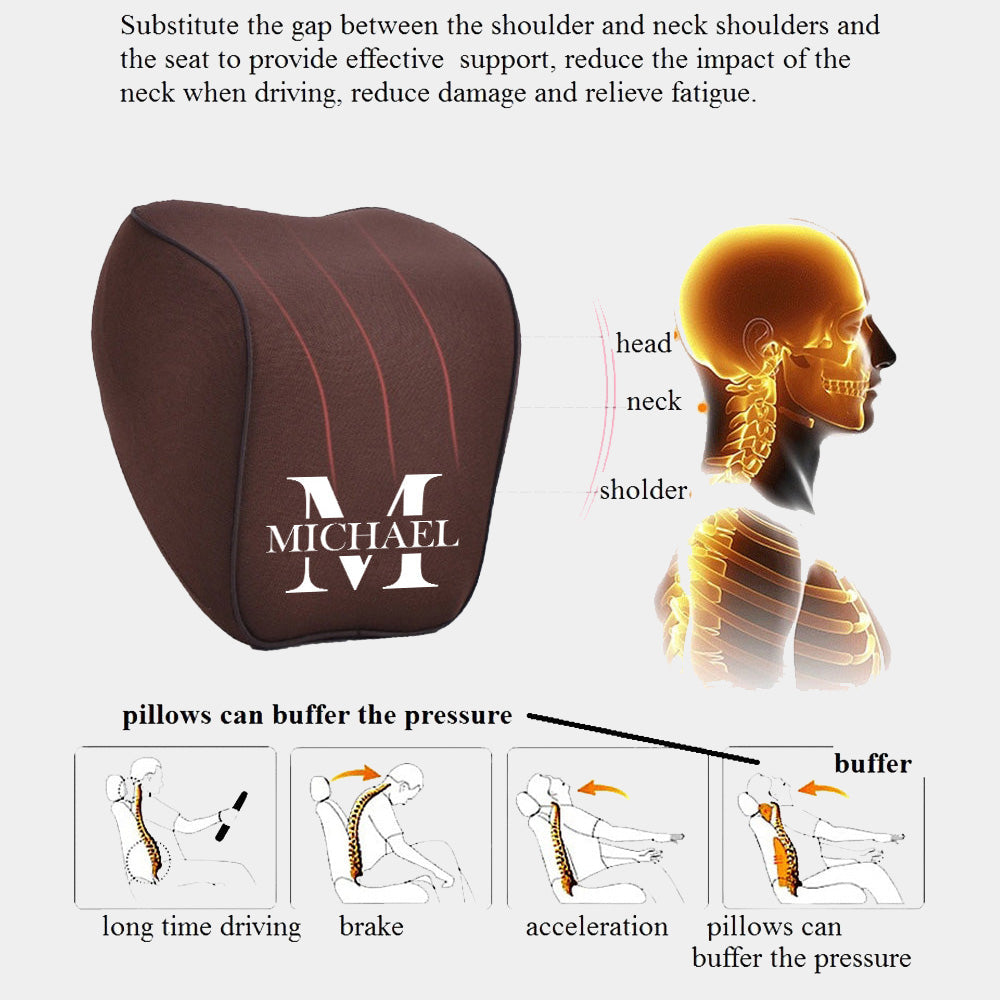 Personalized Name Sign Lumbar Support Cushion for Car and Headrest Neck Pillow Kit, Ergonomically Design for Car Seat, Gift For Father's Day 2025, Gift For Dad - Delicate Leather