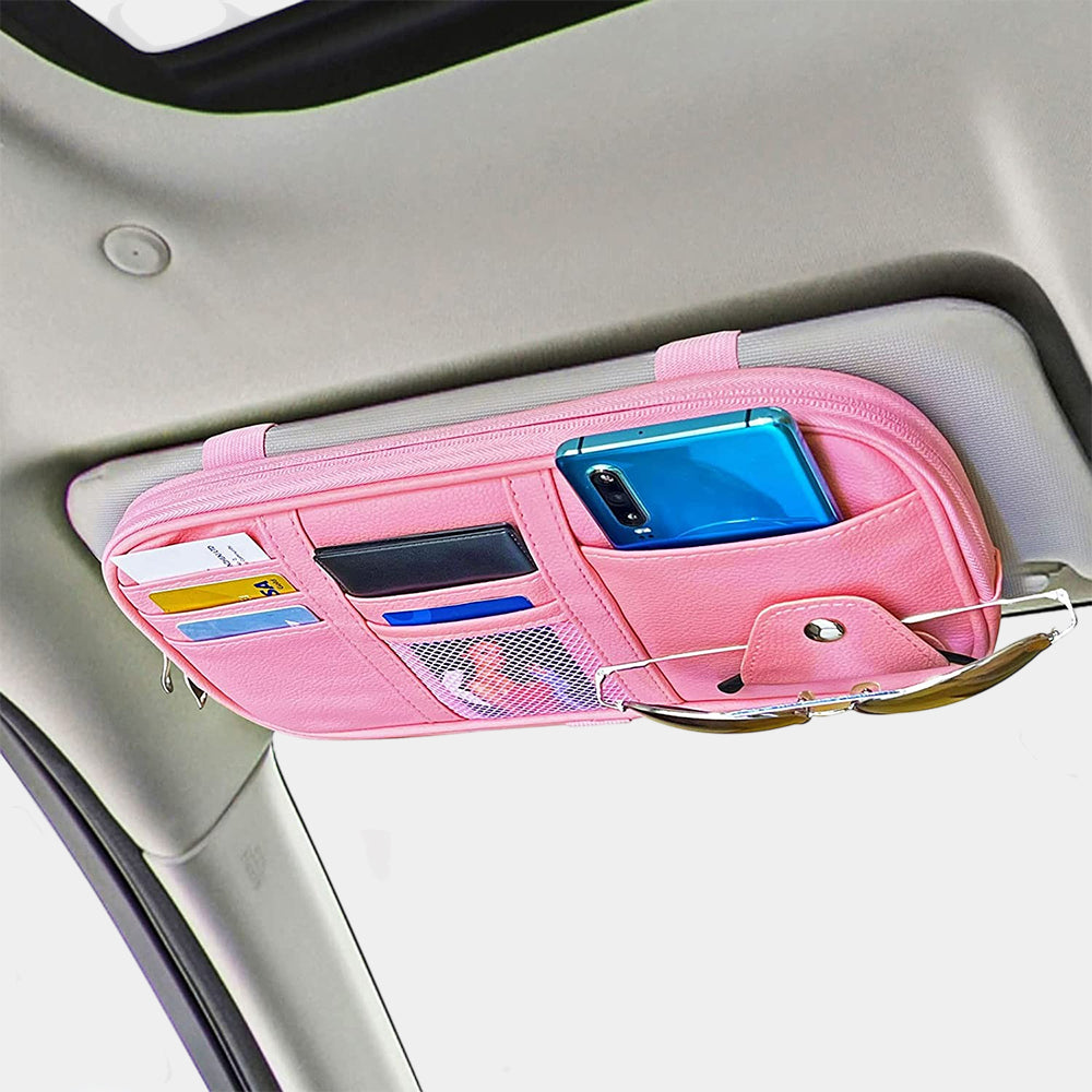 Car Sun Visor Organier Truck SUV Sun Visor Storage Pocket PU Leather Pouch Holder with Multi-Pocket Double Zipper Net Pocket, for Cards Pens Sunglasses Document Newest, Universal Fit for All Cars, Car Accessories
