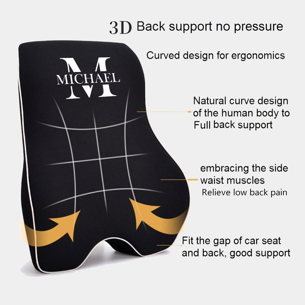 Personalized Name Sign Lumbar Support Cushion for Car and Headrest Neck Pillow Kit, Ergonomically Design for Car Seat, Gift For Father's Day 2025, Gift For Dad - Delicate Leather