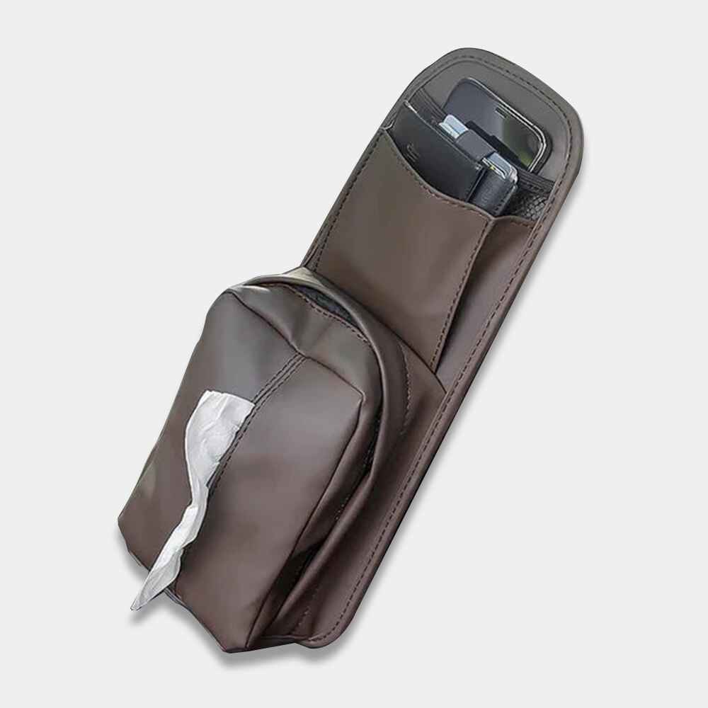 Leather Car Seat Side Storage Bag - Universal Hanging Auto Seat Organizer with Tissue Box Holder and Mesh Pocket - Delicate Leather