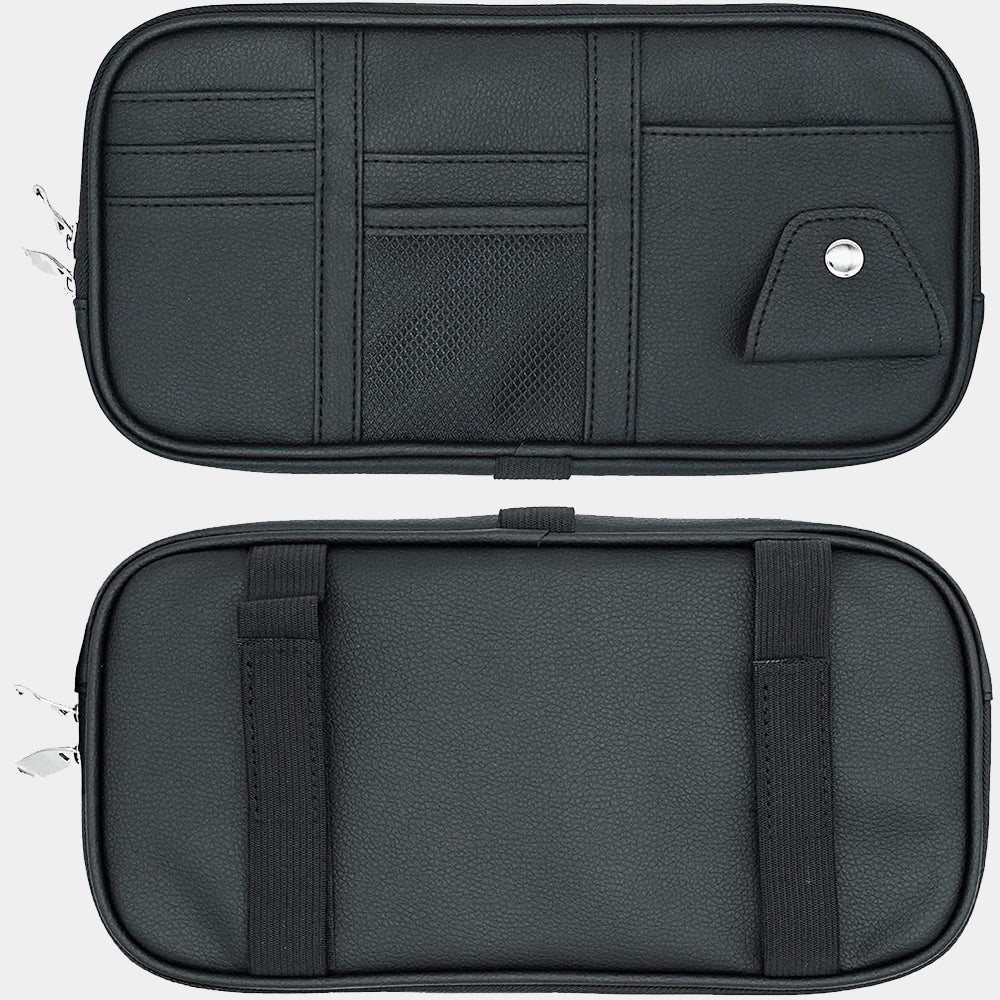 Car Sun Visor Organier Truck SUV Sun Visor Storage Pocket PU Leather Pouch Holder with Multi-Pocket Double Zipper Net Pocket, for Cards Pens Sunglasses Document Newest, Universal Fit for All Cars, Car Accessories