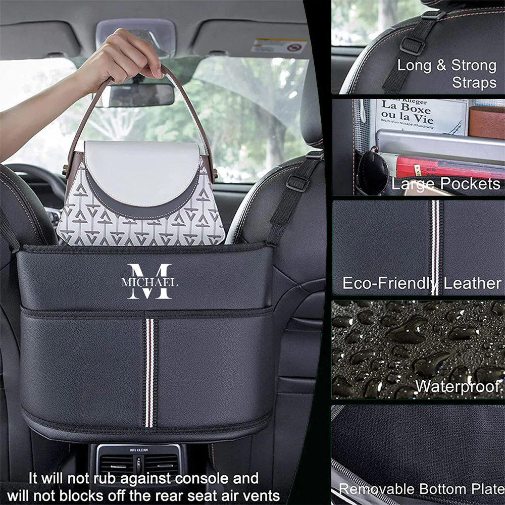 Personalized Name Sign Car Purse Holder for Car Handbag Holder Between Seats Premium PU Leather, Custom Fit For Your Cars, Gift For Mother's Day, Gift For Father's Day, Gift For Dad - Delicate Leather