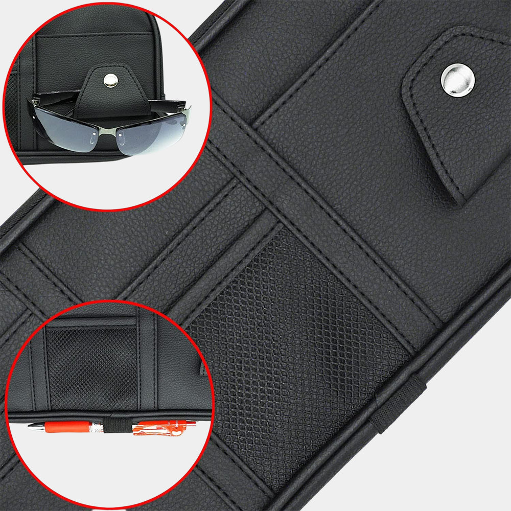 Car Sun Visor Organier Truck SUV Sun Visor Storage Pocket PU Leather Pouch Holder with Multi-Pocket Double Zipper Net Pocket, for Cards Pens Sunglasses Document Newest, Universal Fit for All Cars, Car Accessories
