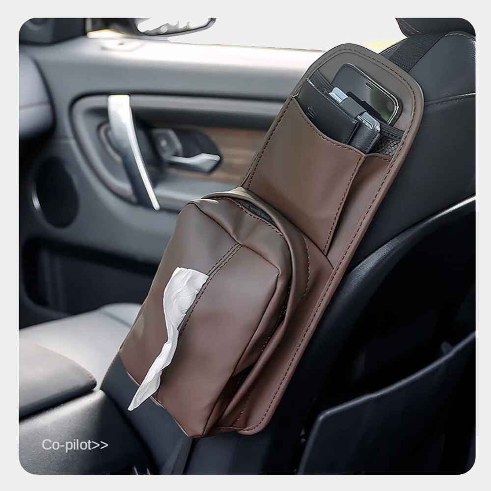 Leather Car Seat Side Storage Bag - Universal Hanging Auto Seat Organizer with Tissue Box Holder and Mesh Pocket